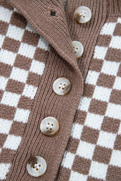 Dark Brown Plaid Contrast Trim Button Neck Sweater