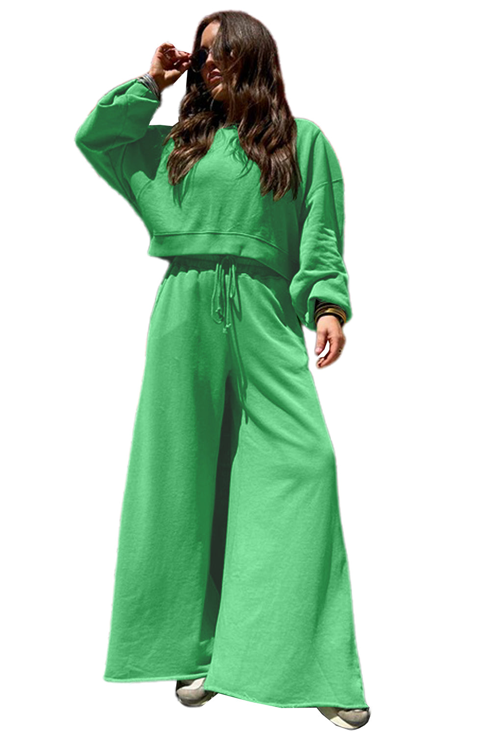 Yellow Cream Drop Shoulder Crop Pullover Drawstring Wide Leg Pants Set