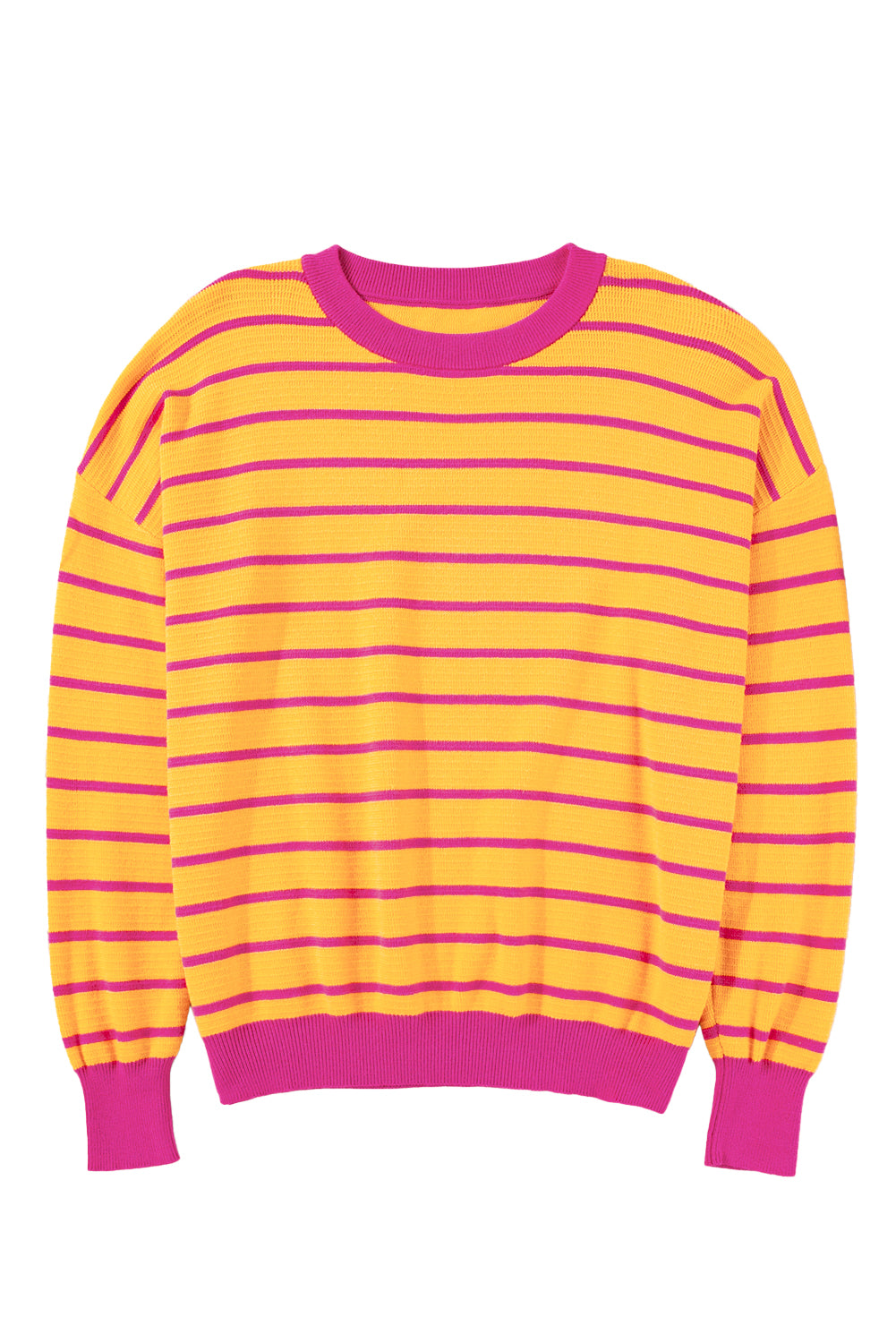 Pink Stripe Round Neck Drop Shoulder Loose Sweater