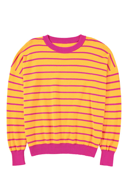 Pink Stripe Round Neck Drop Shoulder Loose Sweater