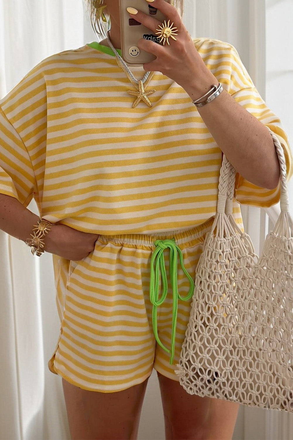 Sky Blue Stripe Contrast Neck Loose Tee and Drawstring Shorts Set