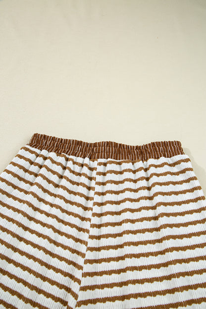 White Stripe Textured Collared Pullover Top and Drawstring Pants Set