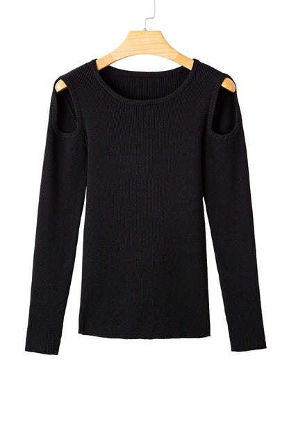 Black Ribbed Knit Cold Shoulder Plain Sweater