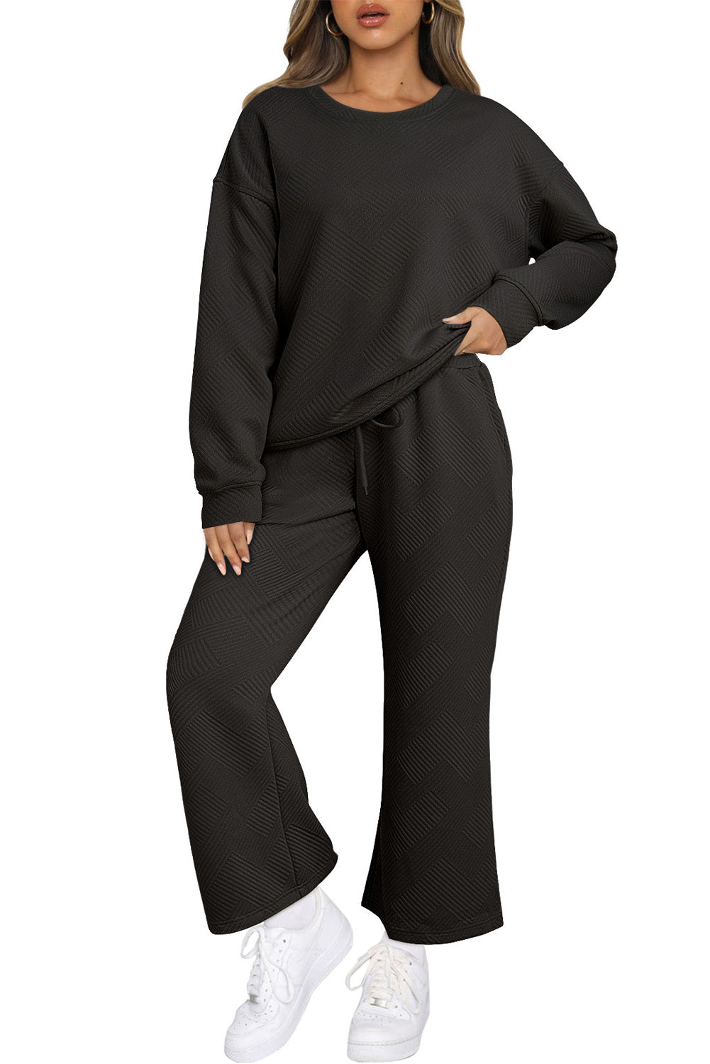 Red Dahlia Textured Loose Slouchy Long Sleeve Top and Pants Set