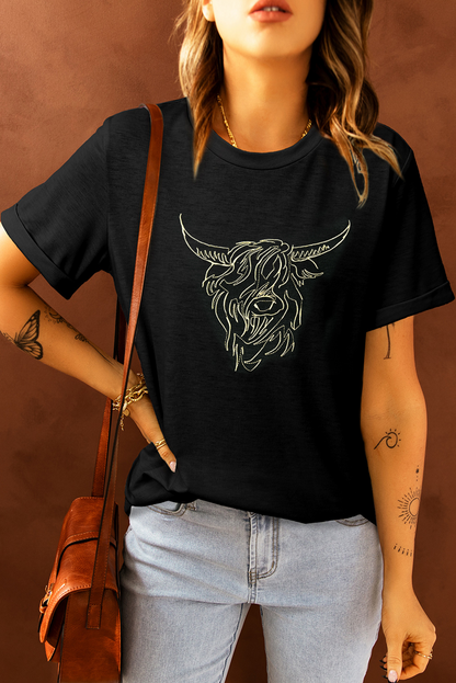 Black Vintage Bull Head Embroidered Pattern T Shirt