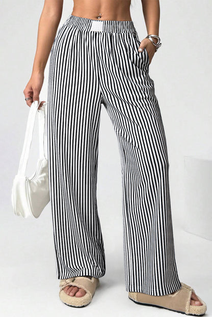 Black Striped Elastic Waistband Pocketed Loose Pants
