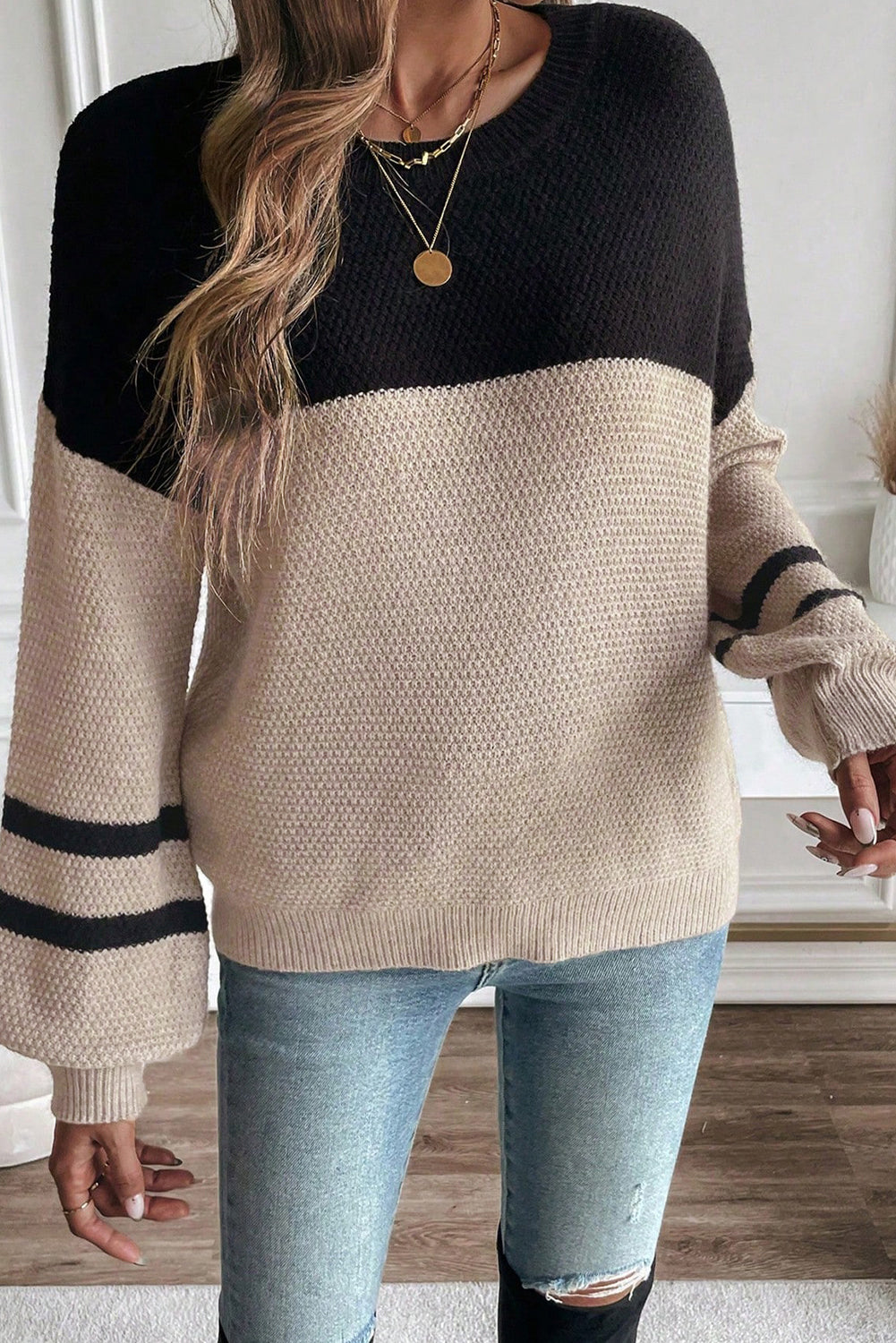 Dark Brown Colorblock Striped Sleeve Detail Knit Sweater