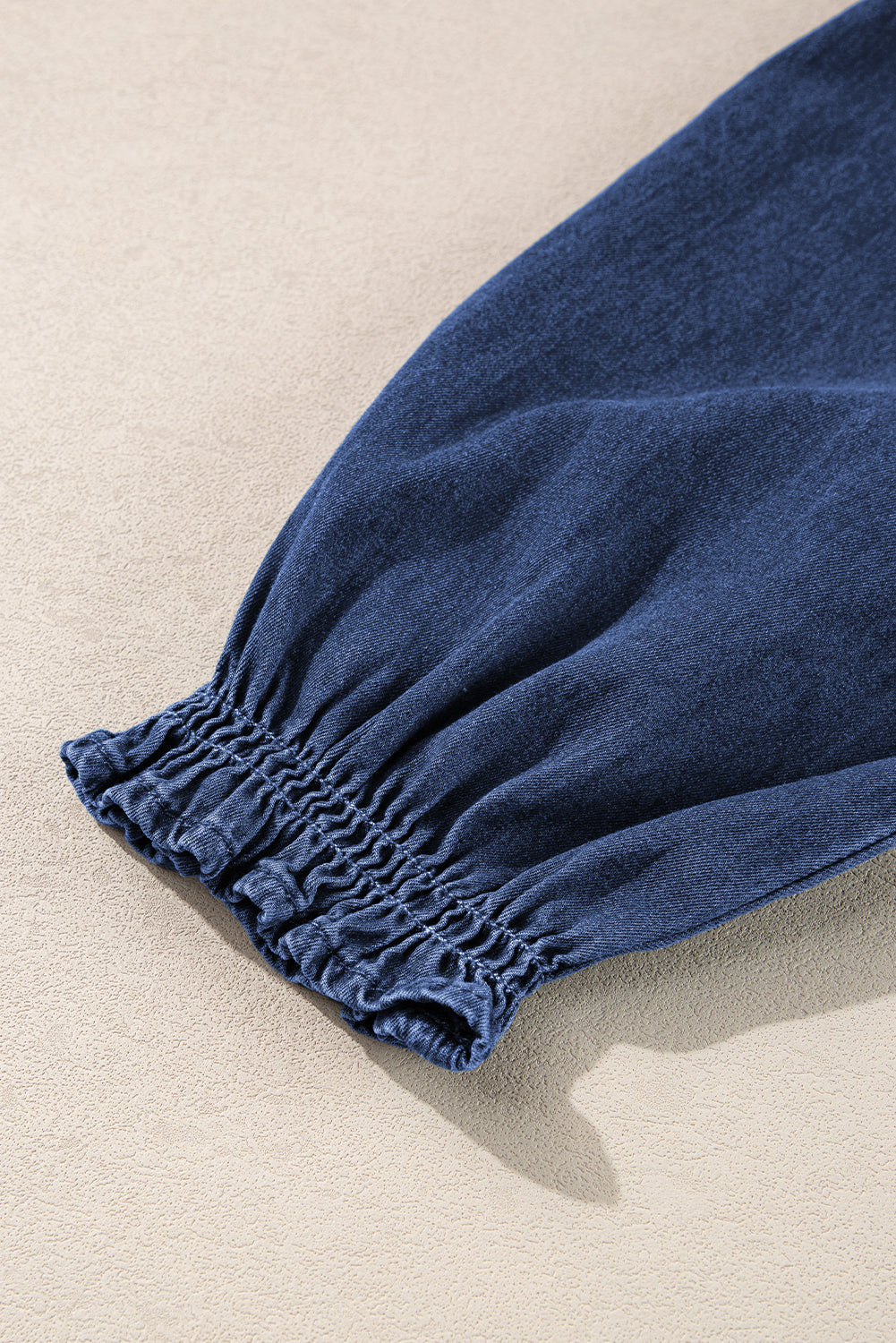 Dark Blue Smocked Ruffle Puff Sleeve V Neck Denim Top