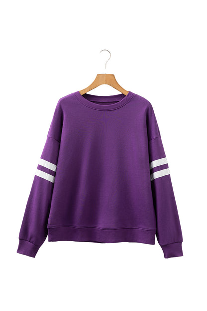 Coffee Preppy Striped Sleeve Loose Sweatshirt