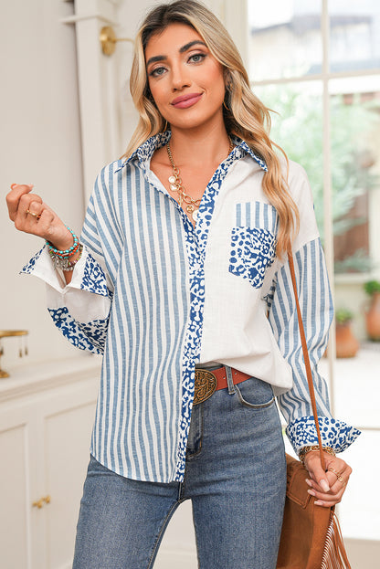 Khaki Leopard Striped Patchwork Button-up Shirt Shacket