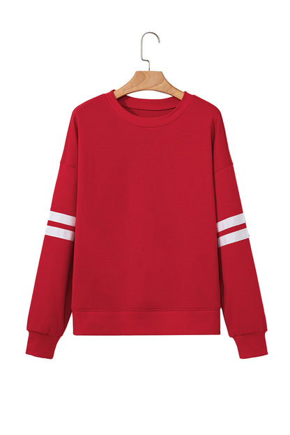Coffee Preppy Striped Sleeve Loose Sweatshirt