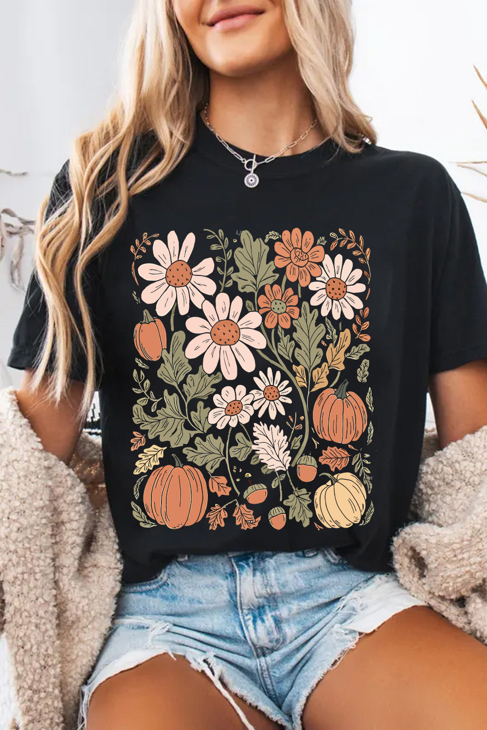 Black Wild Flower Pumpkin Heat Transfer Printing T Shirt