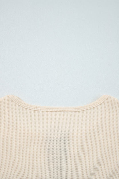 Straw Yellow Waffle Stripe Plaid Patchwork Henley Top