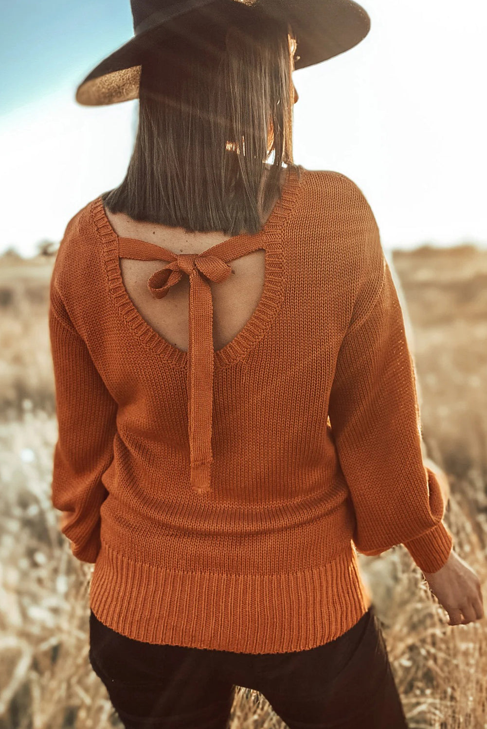 Gold Flame Solid Color Ribbed Trim Drop Shoulder Sweater