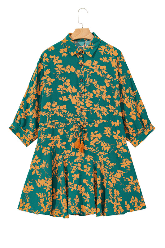 Green Floral Print Drawstring Flowy Short Dress