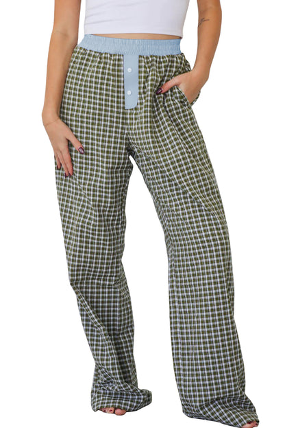 Brown Plaid Button High Waist Patchwork Pants