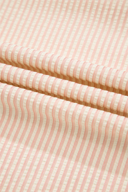 Pink Striped Pearl Beaded Knot Cuffs Blouse