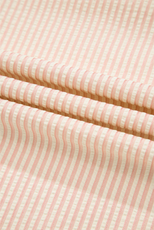 Pink Striped Pearl Beaded Knot Cuffs Blouse