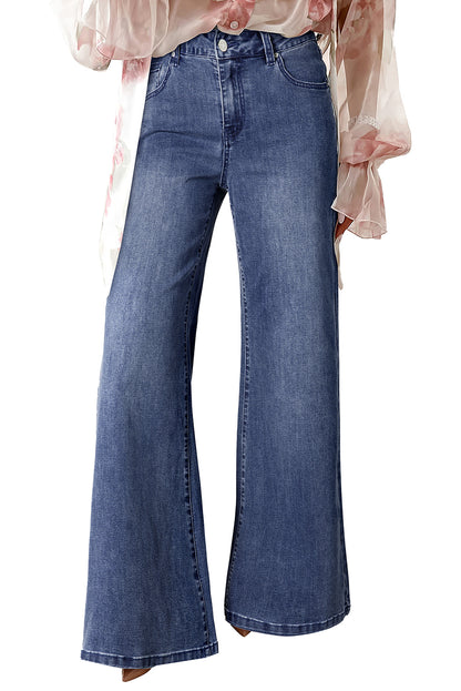 Dirty blue Button Zip High Waist Flared Hem Jeans