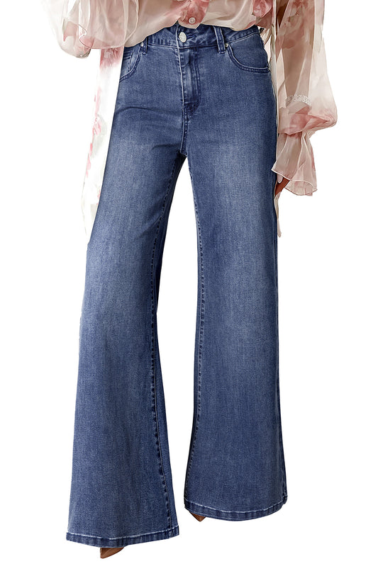 Dirty blue Button Zip High Waist Flared Hem Jeans