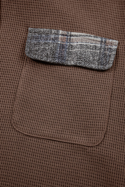Brown Plaid Patchwork Button Down Drawstring Hooded Shacket