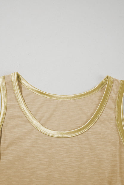 Tan Contrast Trim Round Neck Tank Top