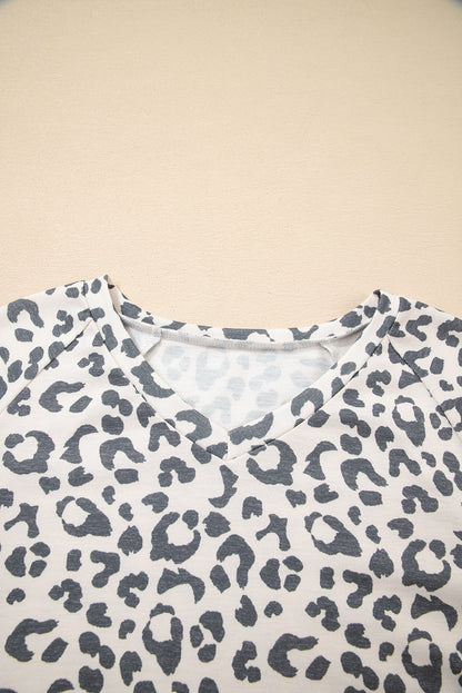 Gray Leopard Contrast Trim Long Sleeve Pullover and Pants Set