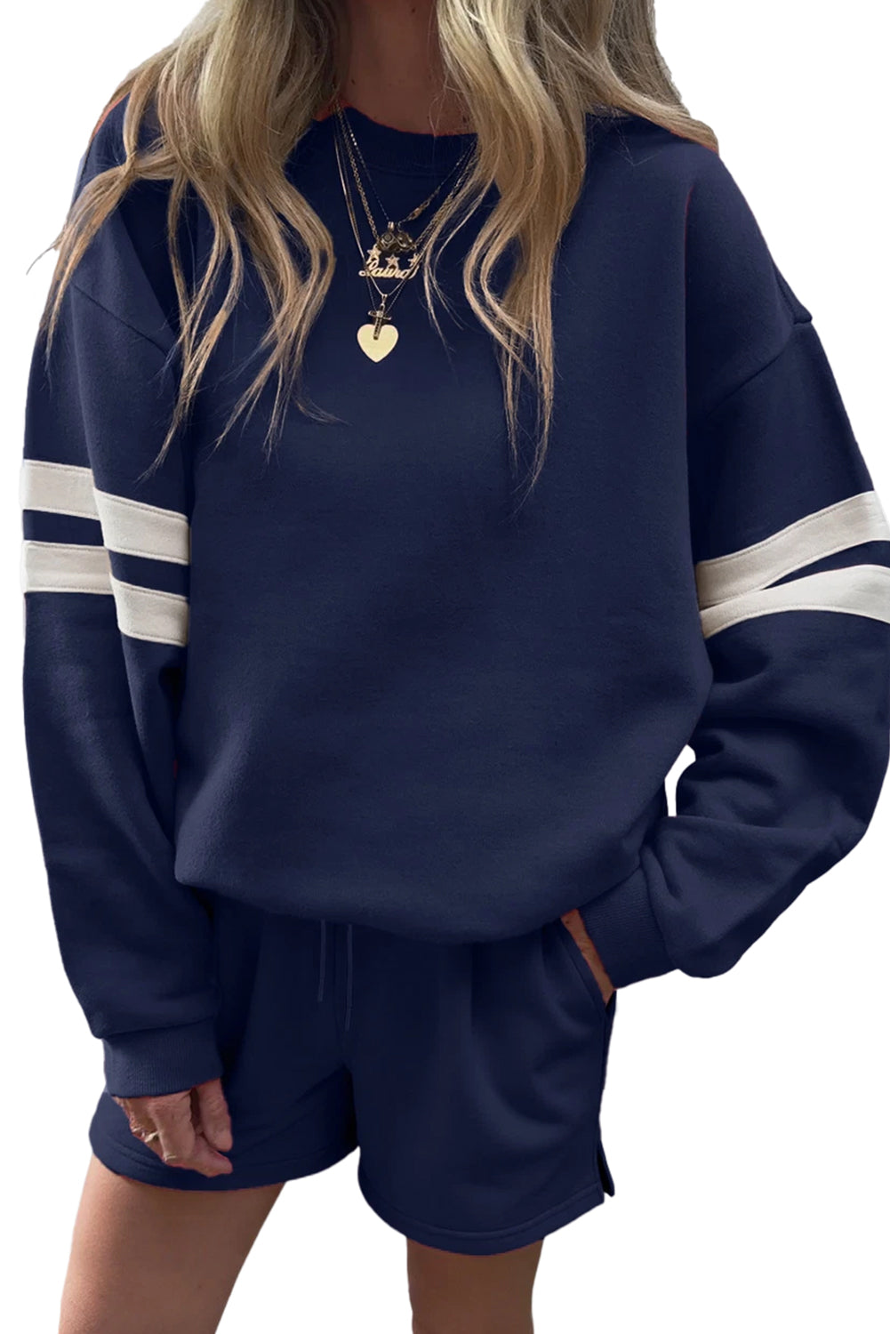 Orange Varsity Striped Sleeve Drop Shoulder Sweatshirt and Shorts Set
