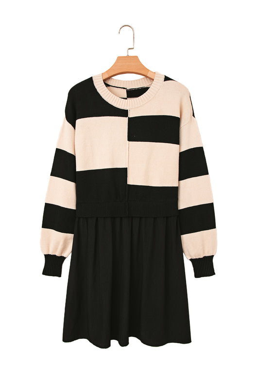 Black Stripe Two in One Knitted Top High Waist Splicing Hem Sweater Dress