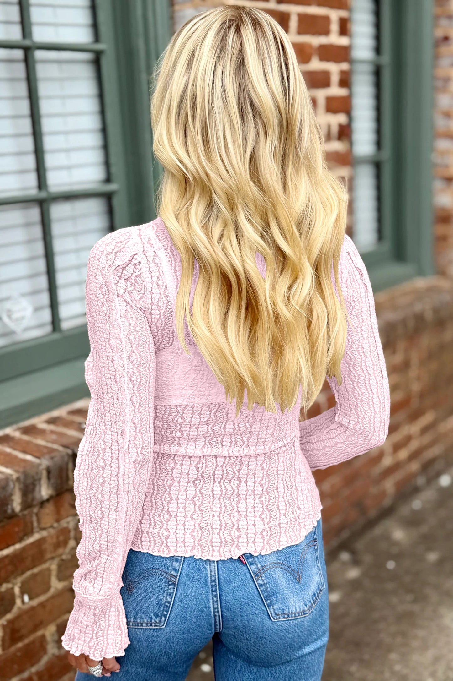 Apricot Flounced Long Sleeve Mock Neck Sheer Lace Top
