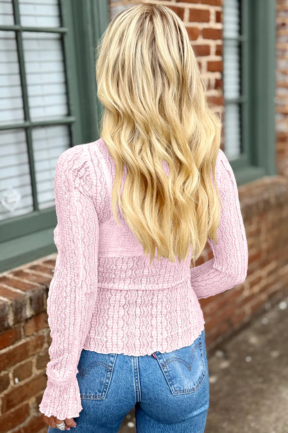 Apricot Flounced Long Sleeve Mock Neck Sheer Lace Top
