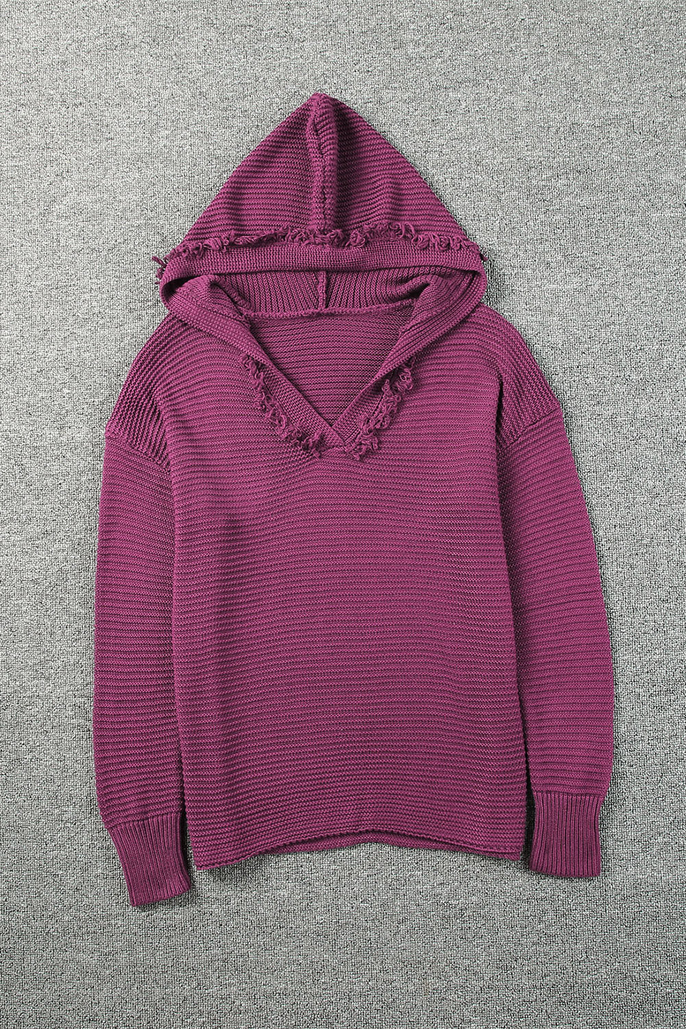 Black Split V Neck Pullover Knit Hooded Sweater