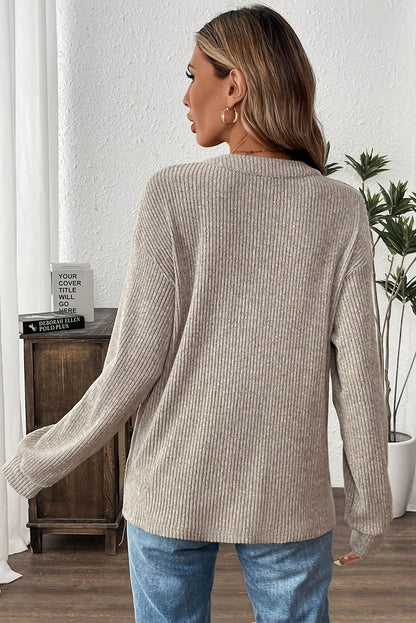 Clearly Aqua Ribbed Texture Drop Shoulder Henley Knit Top