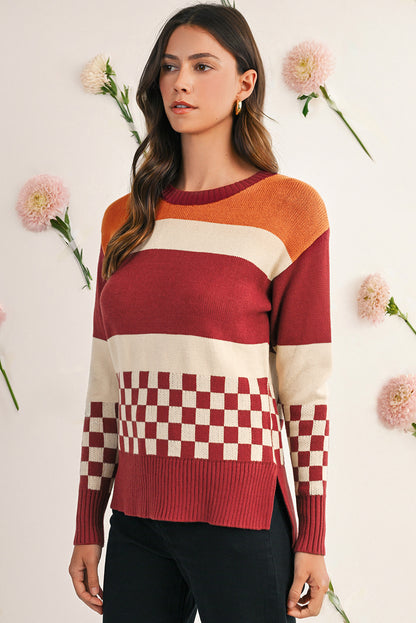 Brown Checkered Colorblock Knitted Drop Shoulder Sweater