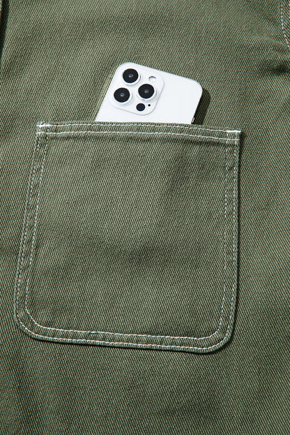 Smoke Green Pocket Collared Button Front Denim Jacket