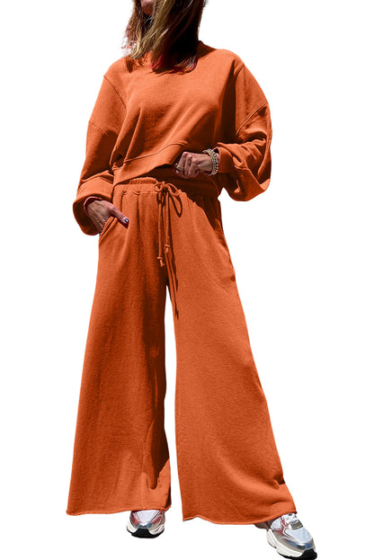 Yellow Cream Drop Shoulder Crop Pullover Drawstring Wide Leg Pants Set