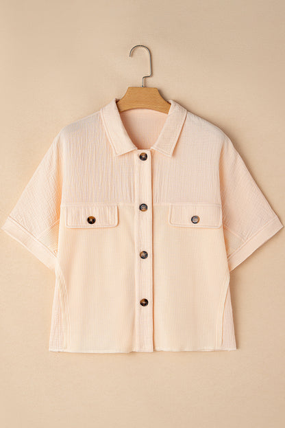 Beige Waffle Crinkle Patchwork Short Batwing Sleeve Shirt
