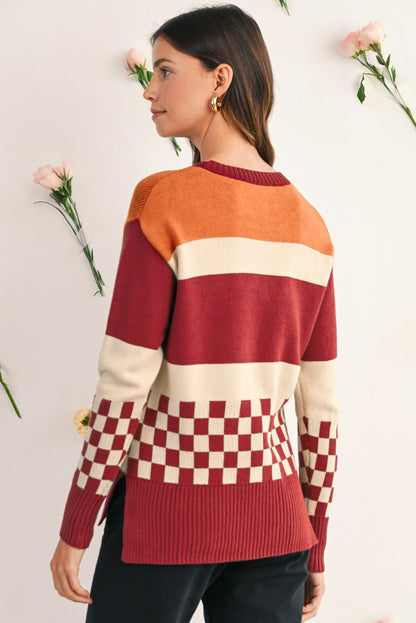 Brown Checkered Colorblock Knitted Drop Shoulder Sweater