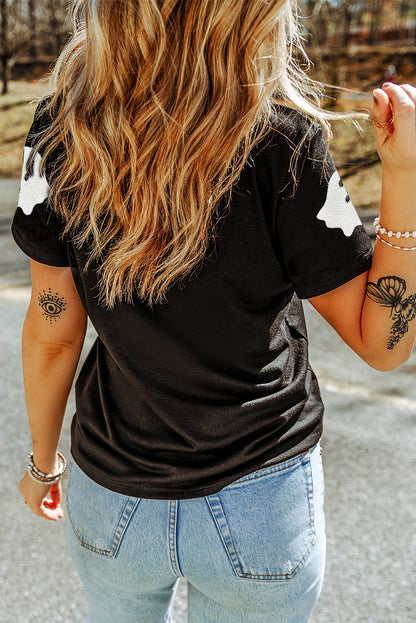 Black Halloween Ghost Sequins Patch Casual T Shirt