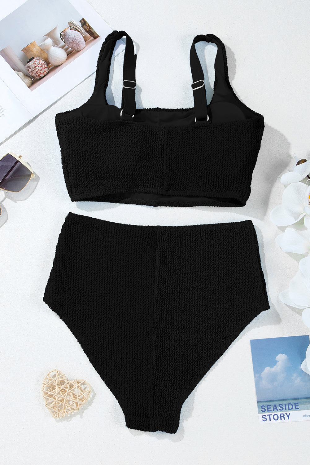 Sky Blue Corded Colorblock Square Neck Bikini Swimsuit