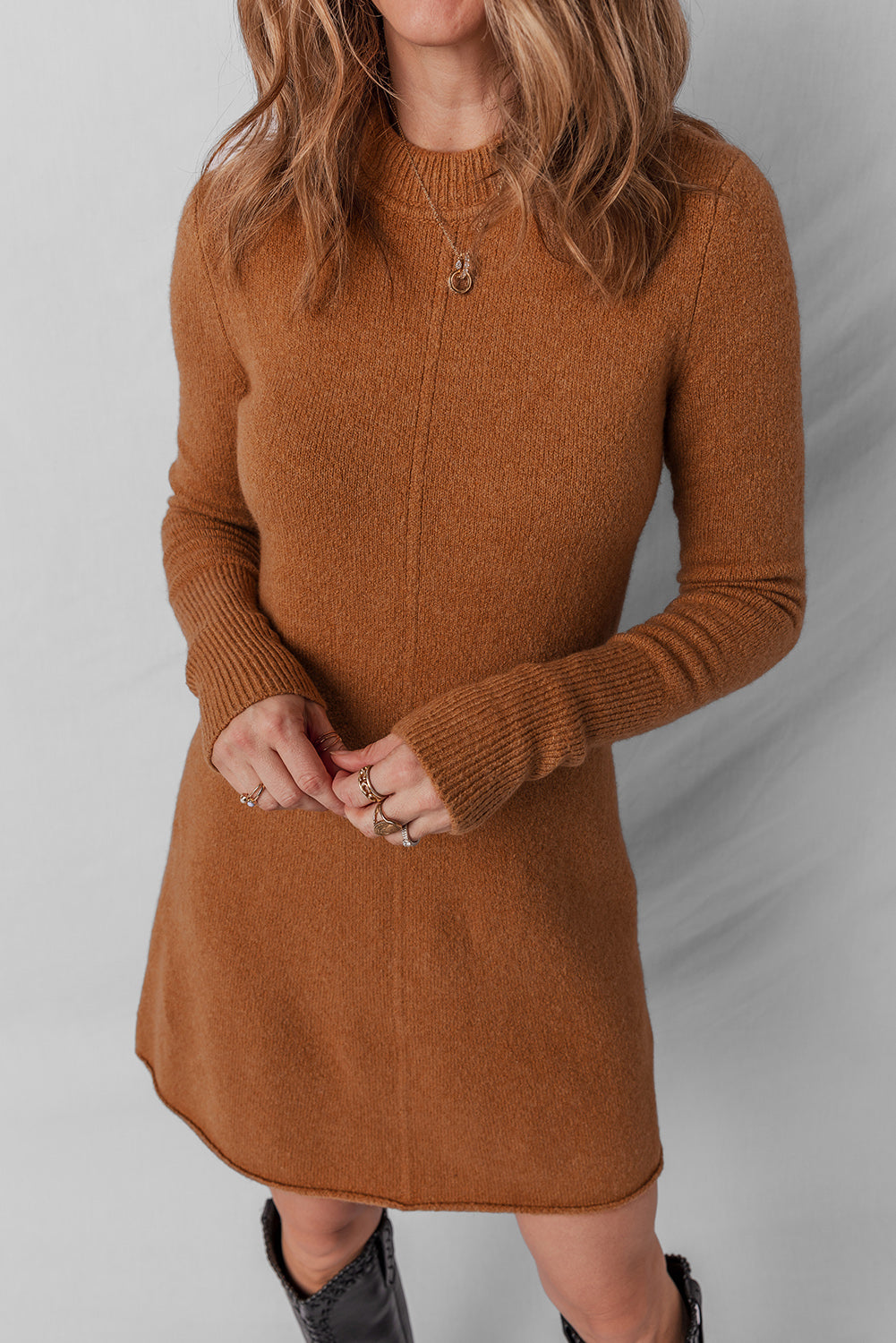 Straw Yellow Ribbed Detail Solid Color Mini Sweater Dress