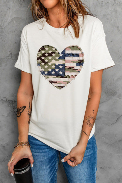 White Patriotic Heart Graphic Tee with USA Flag and Camo Print