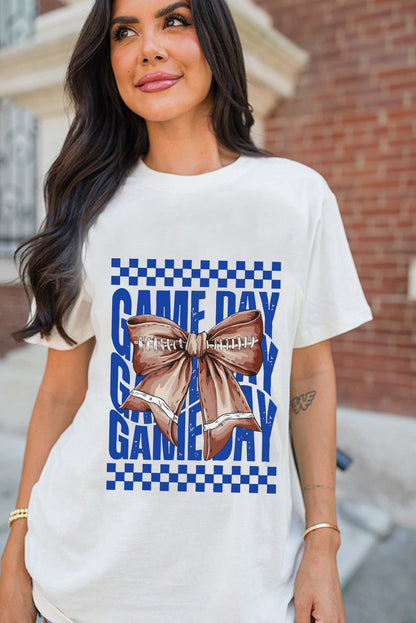White Football Bow Heat Transfer Printing Game Day Crewneck T Shirt