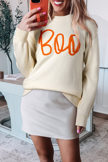 Black Halloween Boo Drop Shoulder Knit Sweater