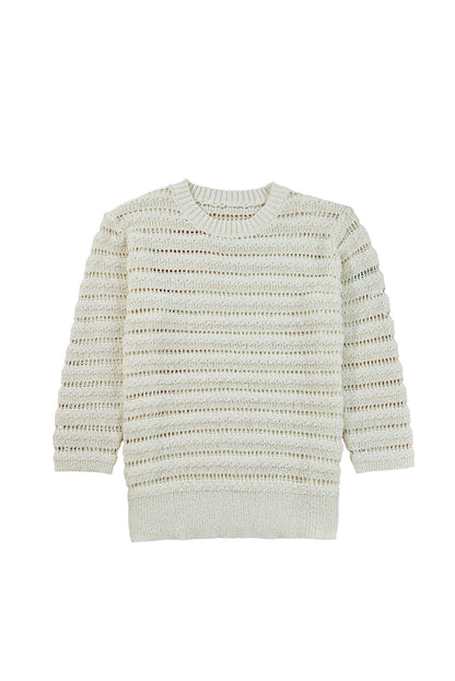 White Hollow Out Knit Round Neck Sweater