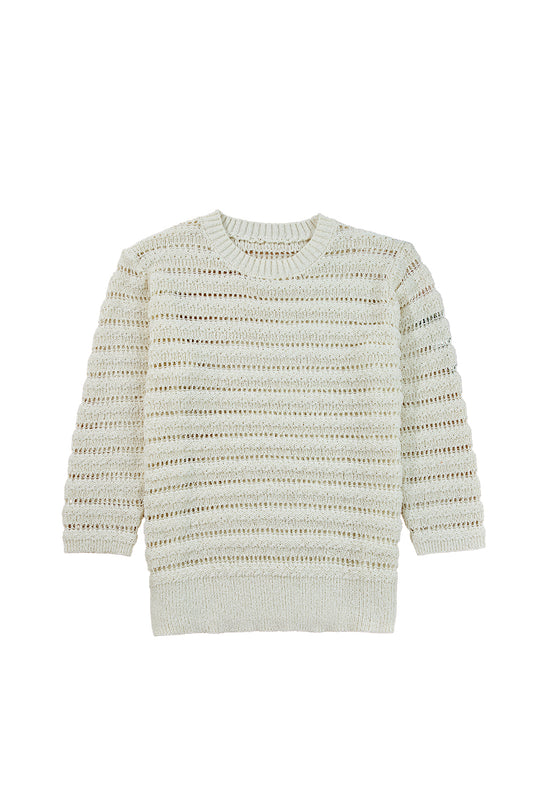 White Hollow Out Knit Round Neck Sweater
