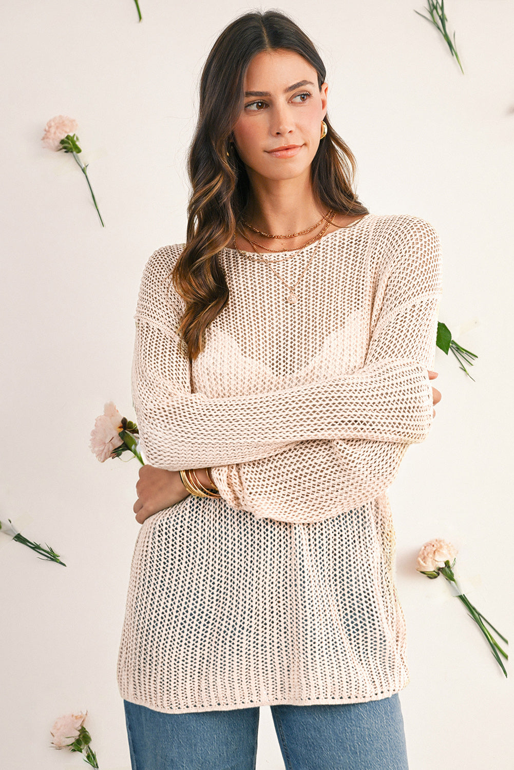 Coral Crochet Hollow-out Knit Sweater