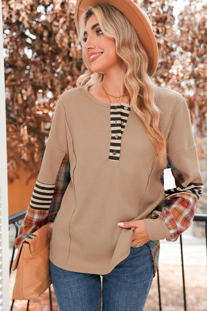 Straw Yellow Waffle Stripe Plaid Patchwork Henley Top