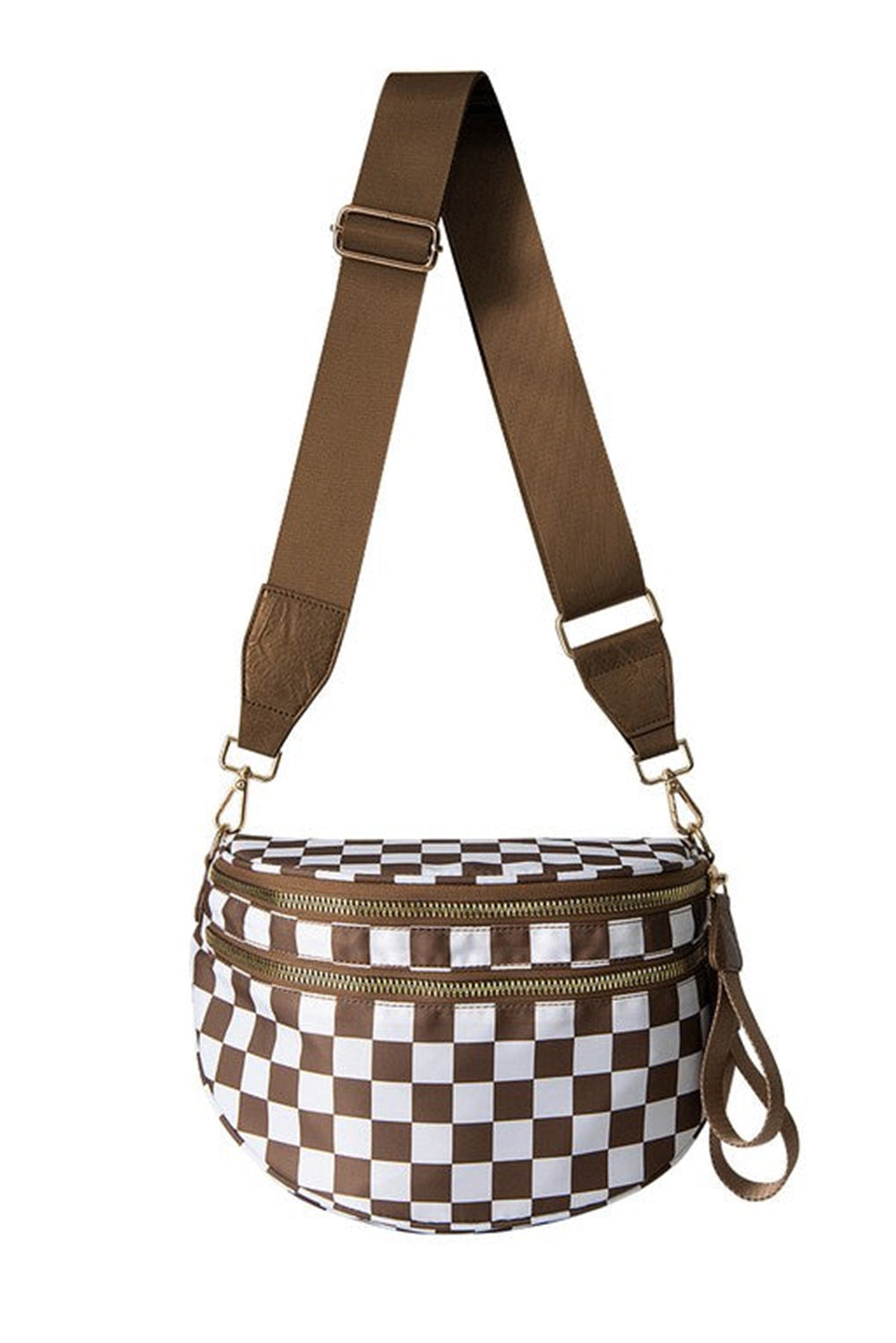 Chicory Coffee Checkered Print Wide Strap Large Crossbody Bag