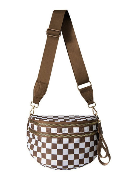 Chicory Coffee Checkered Print Wide Strap Large Crossbody Bag